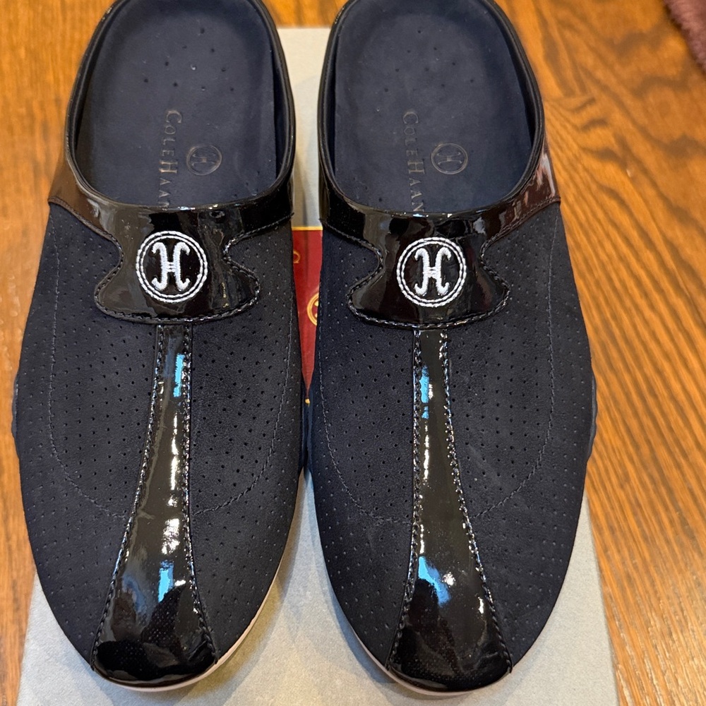 Cole Haan Black Suede Slip-On Mules with Black Patent Trim and Whit Logo